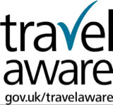 Travel Aware Logo. More information at www.gov.uk/travelaware
